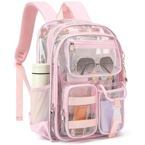 Clear Backpack for School Girls Boys Heavy Duty Transparent Backpack with Multiple Pockets, Lightweight PVC See Through Bookbag for Students-Light Pink - color: Light Pink