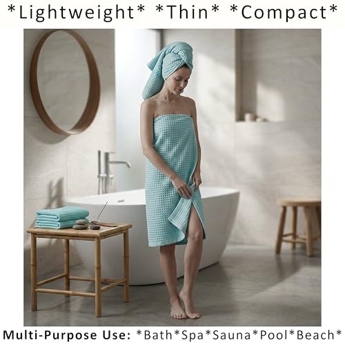PÜSKÜL Natural 100% Turkish Cotton Waffle Bath Towels Set of 2-Piece | 32x63 Extra Large Absorbent Quick-Dry Lightweight Spa Towel | Luxury Sauna Accessories (Aqua Turquoise Bath Towels - Pack of 2) - color: Turquoise