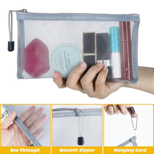 Small Mesh Cosmetic Bags, 6pcs Nylon Makeup Pouches with Zipper for Home Office Purse Diaper Bag (Grey) - color: Grey
