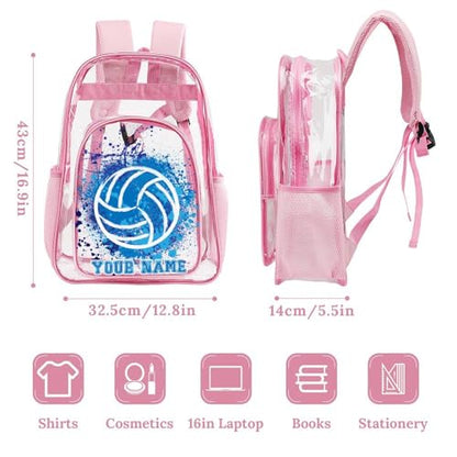 Custom Volleyball Clear Backpack Heavy Duty for Girls Kids Boys | Large Cool PVC Volleyball Theme Printing Transparent Backpacks for Schools Stadium Concerts Work - Clear/Pink - color: Volleyball Clear Backpack 2 Pink With Front Pocket Custom