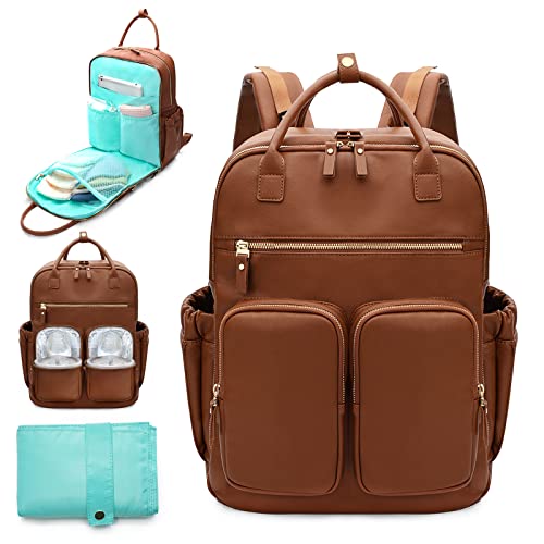 MOMINSIDE Diaper Bag Backpack, Leather Baby Bag with 18 Pockets, Diaper Backpack for Women Mom, Travel Baby Bag for Girl Boy, Large Wet Pocket, 4 Insulated Pockets, Stroller Straps, Brown - color: Brown