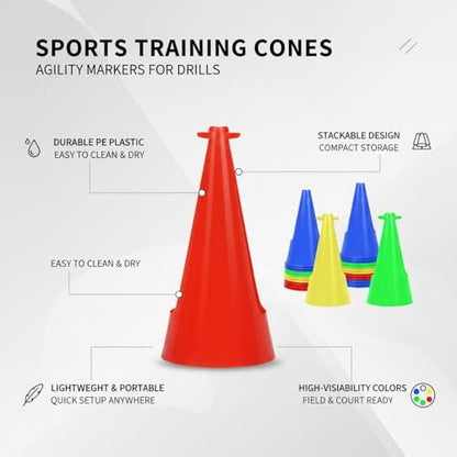 Red PE Plastic Agility Cones for Sports Training, Stackable Field Markers for Soccer and Basketball Drills - size: 5.91 x 5.91 x 11.81"