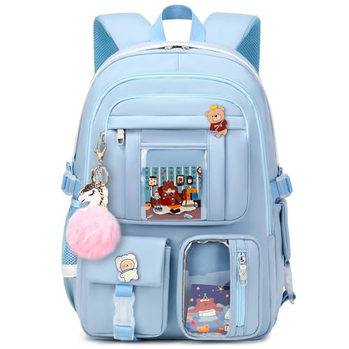 Backpack for Girls with Accessories Laptop Bookbags 16 Inch Kawaii Kids Elementary Middle High School Bag College Travel Daypack Gifts for Teens Women Students (Blue) - color: Blue