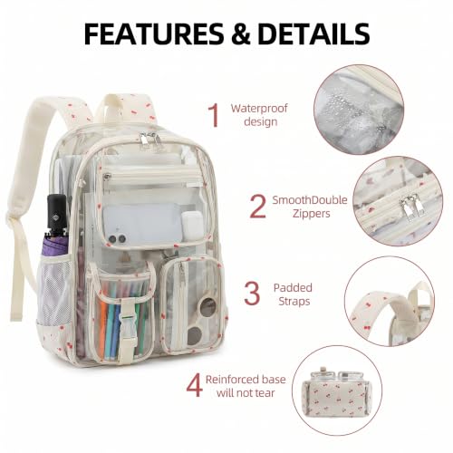 Clear Backpacks for Girls Women, Heavy Duty PVC Transparent School Bookbag See Through Back Pack for College Work Travel (Cherry Beige) - color: Cherry Beige