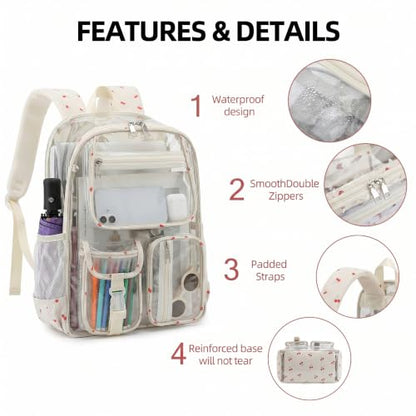 Clear Backpacks for Girls Women, Heavy Duty PVC Transparent School Bookbag See Through Back Pack for College Work Travel (Cherry Beige) - color: Cherry Beige