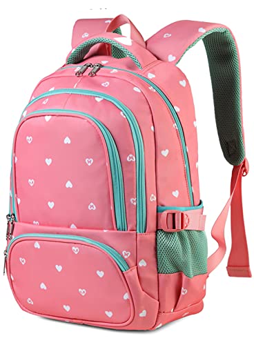 BLUEFAIRY Lightweight Water Resistant Backpack for Girls, Pink, 5-9 Years, Laptop Compartment, Adjustable Shoulder Straps, Breathable Mesh - color: Pink/Teal