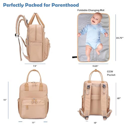 JESSIE & JAMES BeBe CCW Diaper Bag Nylon Backpack Multi Function Diaper Bag with Changing Pad & Stroller Straps_Camel/Camel - color: Camel/Camel