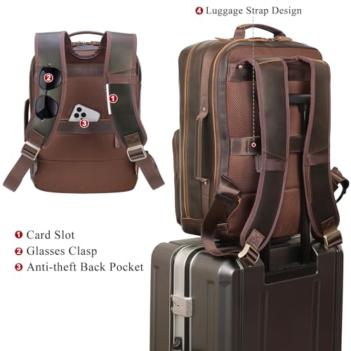 TIDING 17.3" Full Grain Leather Laptop Backpack for Men Multi Pockets Casual Daypack Business Travel Rucksack - color: Dark Brown