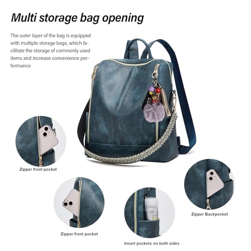 Makes Backpack Purse for Women PU Leather Travel Satchel Handbag Convertible Design Bag with Purse - color: Blue Quadruple Zipper