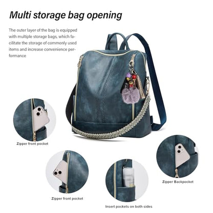 Makes Backpack Purse for Women PU Leather Travel Satchel Handbag Convertible Design Bag with Purse - color: Blue Quadruple Zipper