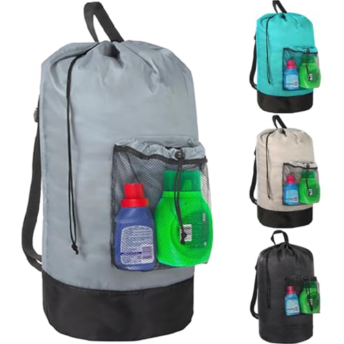 Laundry Bag Backpack with Shoulder Straps and Mesh Pocket Laundry Backpack Large Portable Laundry Hamper for College Laundromat Apartment with Drawstring Closure, Adjustable Back Straps (Grey) - color: Smoky