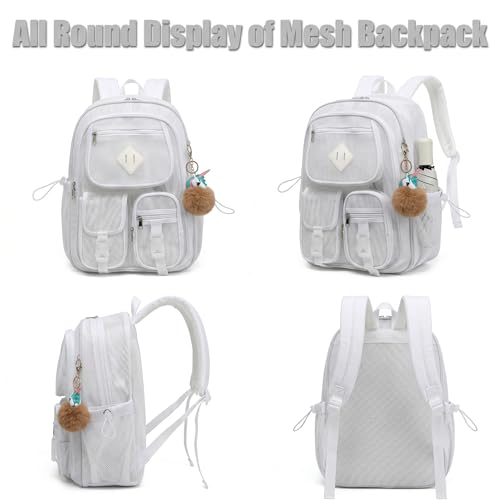 Mesh Backpack for Girls Boys, Heavy Duty Semi-Transparent Mesh Bookbag Womens Mens Mesh Backpacks for School, Sports, Beach, Swimming, Travel - White - color: White
