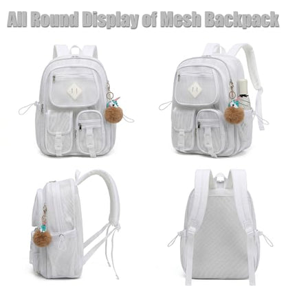 Mesh Backpack for Girls Boys, Heavy Duty Semi-Transparent Mesh Bookbag Womens Mens Mesh Backpacks for School, Sports, Beach, Swimming, Travel - White - color: White