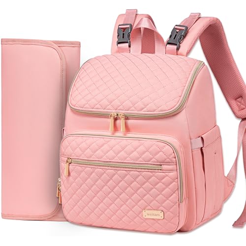 Weitars Diaper Bag Backpack Large Baby Diaper Bag with Changing Pad Travel Diaper Backpack,Baby Bag for Boys Girls,Stroller Straps,5 Insulated Pockets (Pink) - color: Pink