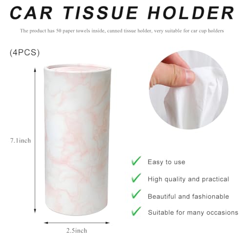 4PCS Car Tissue Holder, Car Cup Holder Convenient Travel Tissue Tube Box with Facial Tissues, Portable Round Tissues Holder Paper Towel Cylinder for Car Home Office (Marble Pink) - color: Marble Pink