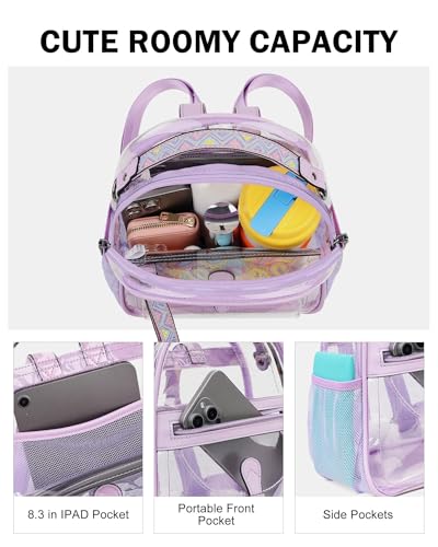 FADEON Clear Small Backpack Purse for Women, Designer Transparent Shoulder Handbag, PVC Mini Clear Bag for Stadium Approved - color: Purple Retro Style