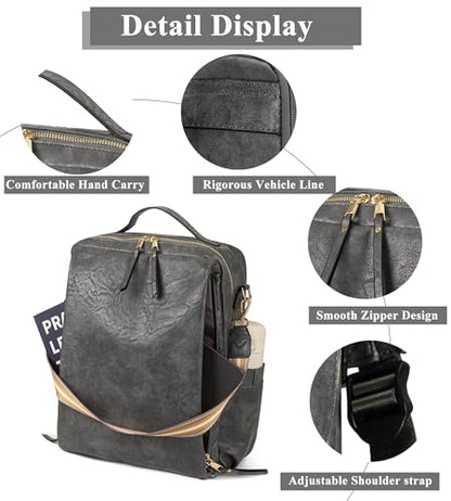 myfriday PU Leather Large Backpack Purse for Women Casual Travel Backpack Convertible Satchel Handbags With Luggage Strap (Grey) - color: Grey