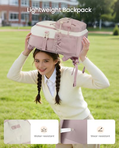 LOVEVOOK School Backpack,Teen Girls Waterproof Laptop Bookbag 15.6" Daily | Large Capacity College Student with base board Laptop Backpack,Lightweight Cute Kid Bookbag with Water Bottle Holder - color: Light Pink - Off White, size: 15.6 inch
