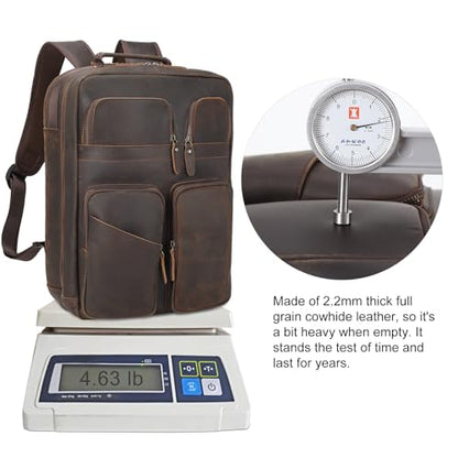 TIDING 17.3" Full Grain Leather Laptop Backpack for Men Multi Pockets Casual Daypack Business Travel Rucksack - color: Dark Brown