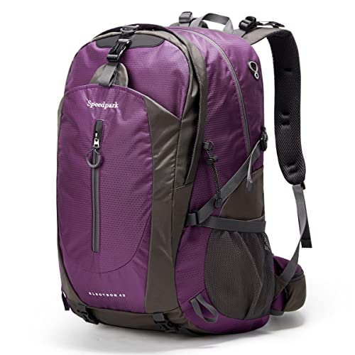 SPEEDPARK Hiking Backpack 40L Waterproof Hiking Daypack with Rain Cover, Outdoor Trekking Travel Backpacks for Men Women - color: Purple