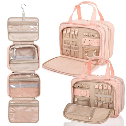 Travel Hanging Toiletry Bag for Women Foldable Makeup Bag with Jewelry Organizer Compartment, PVC Waterproof Cosmetic Travel Bag for Business Camping Bathroom Pink Toiletry Organizer(Pink)