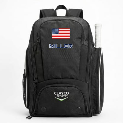 Personalized Pickleball Backpack - Large Pickle Ball Bag with Shoe Compartment, Fence Hook, Paddle Holder - Gifts for Men & Women - color: Black and White