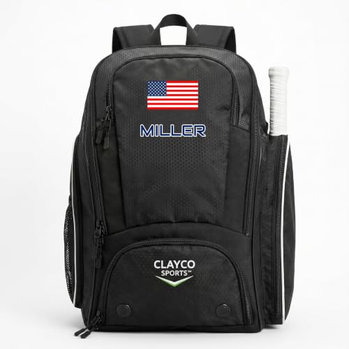 Personalized Pickleball Backpack - Large Pickle Ball Bag with Shoe Compartment, Fence Hook, Paddle Holder - Gifts for Men & Women - color: Black and White