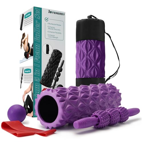 JOYENERGY 5 in 1 Foam Roller Set Trigger Point Foam Roller, Massage Roller Stick, Massage Ball, Stretching Strap for Deep Muscle Massage Pilates Yoga, Fitness Exercise for Whole Body (Purple Diamond) - color: Purple Diamond