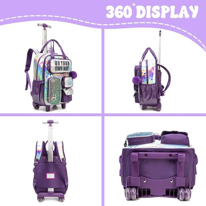 Kids Rolling Backpack with Wheels for Elementary Students Kids Travel Luggage Carry on School Backpack for Girls Ages 6-8 - color: A Purple