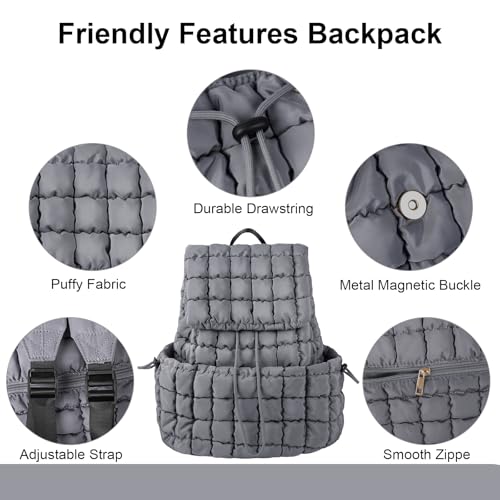 XSUIOY Quilted Backpack Purse for Women Small Lightweight Puffer Puffy College Laptop Backpack Nylon Casual Bookbag Daypack Top Flap Drawstring Padding Hiker Travel Gym Backpack(Grey) - color: Grey