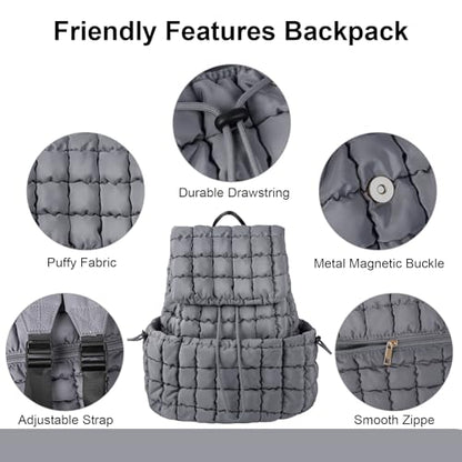 XSUIOY Quilted Backpack Purse for Women Small Lightweight Puffer Puffy College Laptop Backpack Nylon Casual Bookbag Daypack Top Flap Drawstring Padding Hiker Travel Gym Backpack(Grey) - color: Grey