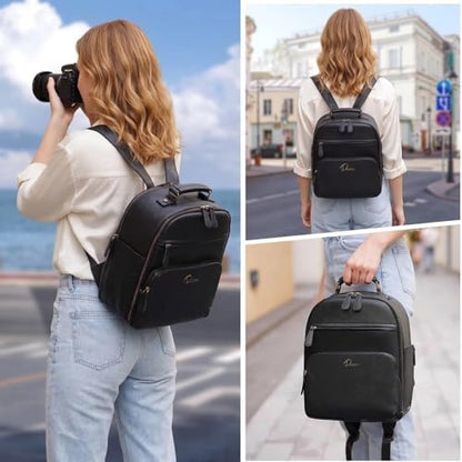 Small Camera Backpack Classic PU Leather for DSLR, Professional Camera Bag for Photographers with 11 Inch Pad/Tablet Compartment Small 10L Black - color: Black