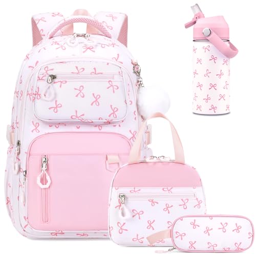 Bevalsa Backpack for Girls, Bow School Bookbag Teen Girls Backpack Set with 14oz Insulated Water Bottle Stainless Steel, Lunch Bag & Pencial Case for Kids Elementary Middle Student (Pink Bow) - color: Pink Bow