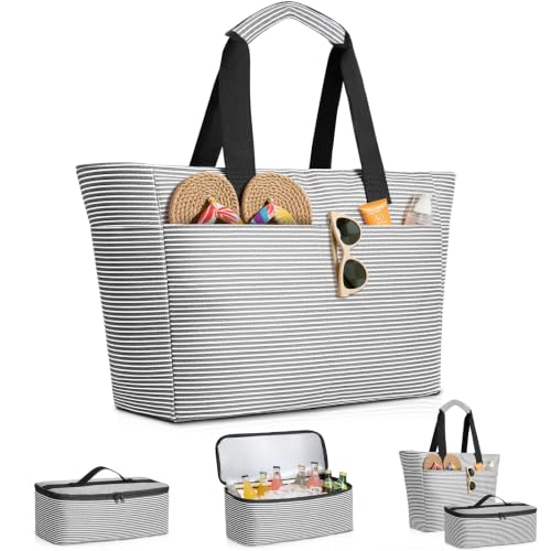 ISEYOU Beach Bag and Cooler Bag Set, 45L Waterproof XXL Foldable Tote with Zipper, 8 Pockets for Pool, Picnic, Travel - color: Black