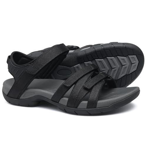 shevalues Hiking Sandals for Women Comfortable Outdoor Walking Sport Sandal with Adjustable Straps and Arch Support - color: Black Grey, size: 8.5