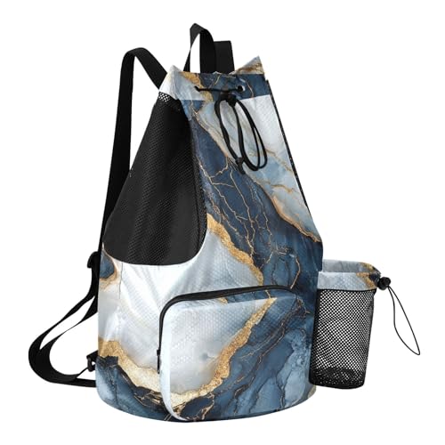 Drawstring Backpack For Swim Gym Swim Bag With Water Bottle Holder Pull String Back Pack Waterproof Marble White Navy Blu - color: Color 14