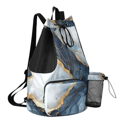 Drawstring Backpack For Swim Gym Swim Bag With Water Bottle Holder Pull String Back Pack Waterproof Marble White Navy Blu - color: Color 14