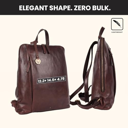 12.5 Inch Genuine Leather Backpack for Women and Men, Brown Leather Backpack with Adjustable Shoulder Strap - color: Brown