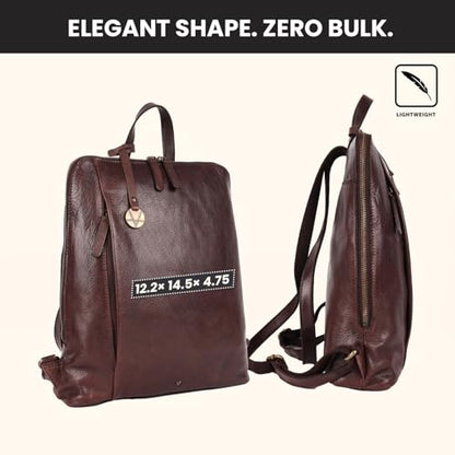 12.5 Inch Genuine Leather Backpack for Women and Men, Brown Leather Backpack with Adjustable Shoulder Strap - color: Brown