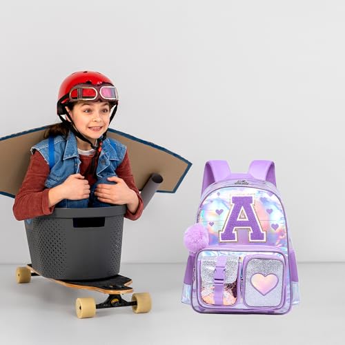 Meetbelify Backpack for Girls Letter Backpacks for Elementary Student Teen Girls Cute School Bag Kids Bookbag for Kids 8-10 - color: Initial a Purple