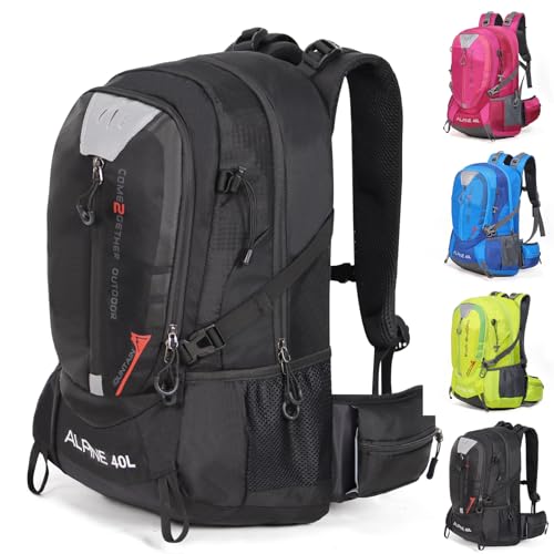 Hiking Backpack Camping 40L Outdoor Daypack Lightweight Travel Backpack with Rain Cover for Women Men (Black) - color: Black