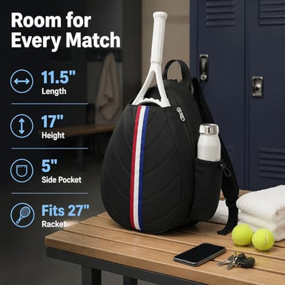 Tennis Bag, Water Resistant Tennis Backpack for Women Men, Quilted Crossbody Sling Design for Tennis, Pickleball, Badminton Rackets - color: Black