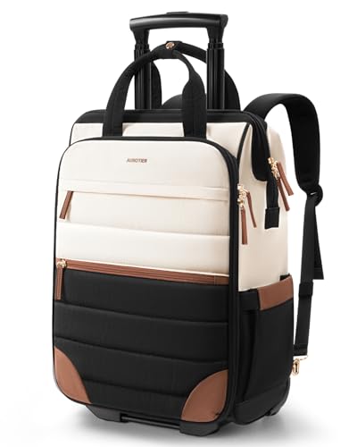 Rolling Puffer Backpack for Women, Travel Backpack with Wheels, 16 Inch Wheeled Laptop Backpck, Dual-Opening Design Overnight College Underseat Carry on Luggage, Roller Business Work Bag, Beige Brown - color: Horizontal Quilt Beige Brown