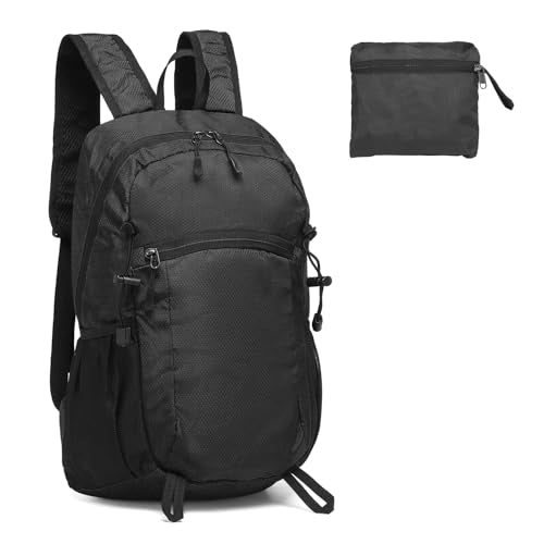 Hiking Daypack Packable, Camping Backpack Water Resistant Lightweight Polyester for Men Women Travel Outdoor - color: Black