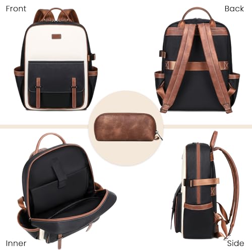 Vegan Leather Laptop Backpack for Women Designer 15.6 Inch PU Laptop Bag, Ladies Travel Computer Work Backpack - color: Beige Black Brown