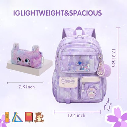 Lovely Kawaii Kids School Backpack For Girls – Splash-Proof Book Bag for Kids & Students, Multi-Pocket Children's School Bag, 17 Inch Purple Backpack - color: Purple