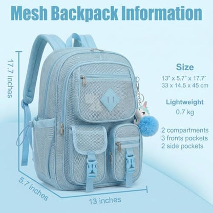 Mesh Backpack for Girls Boys, Heavy Duty Semi-Transparent Mesh Bookbag Womens Mens Mesh Backpacks for School, Sports, Beach, Swimming, Travel - Baby Blue - color: Baby Blue