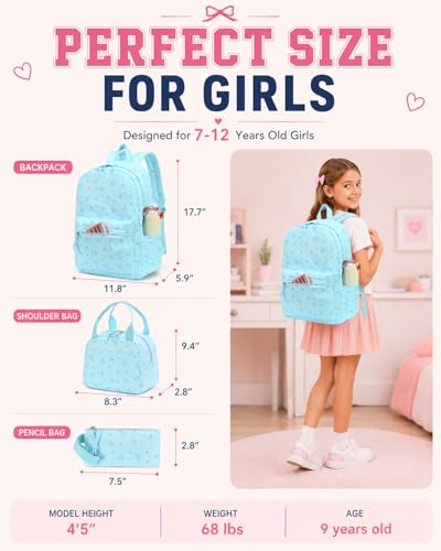 CAMTOP Girls Backpack with Lunch Box Set, Cute Bow School Backpack for Kids, 3-in-1 Lightweight Lunch Bag and Pencil Pouch - color: Blue Heart Bow