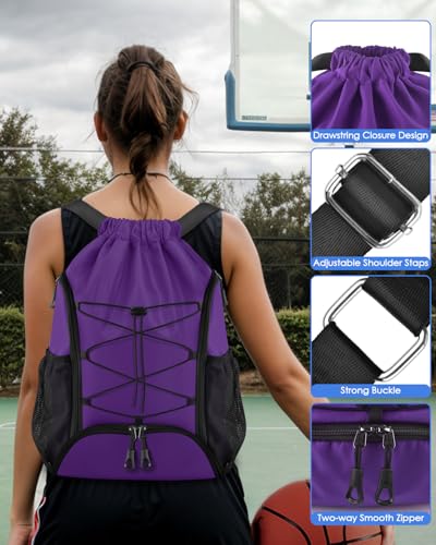 BROTOU Soccer Bags, Football Backpack, Volleyball Bag, Drawstring Soccer Backpack with Ball and Shoe Compartment - color: Purple