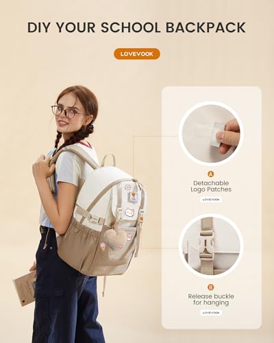 LOVEVOOK School Backpack for Teen Girls, Waterproof Travel College Bookbag for Middle High School with Large Cup Holder & Pencil Case, Fits 15.6'' Laptop, Cute Aesthetic Kids Student Backpack - color: Khaki
